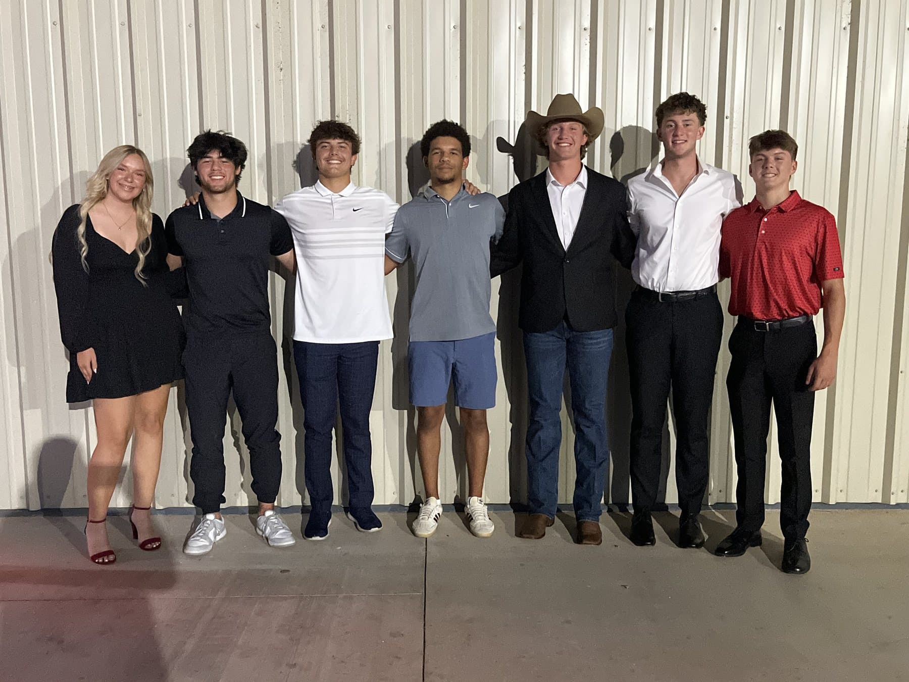 Scotlyn Woodruff, Charles Copus, Pryce McClure, Jayden Henderson, Drake Pace, Preston Klose, and Caleb Schneider at the 2026 Yukon Athletics Hall of Fame Banquet