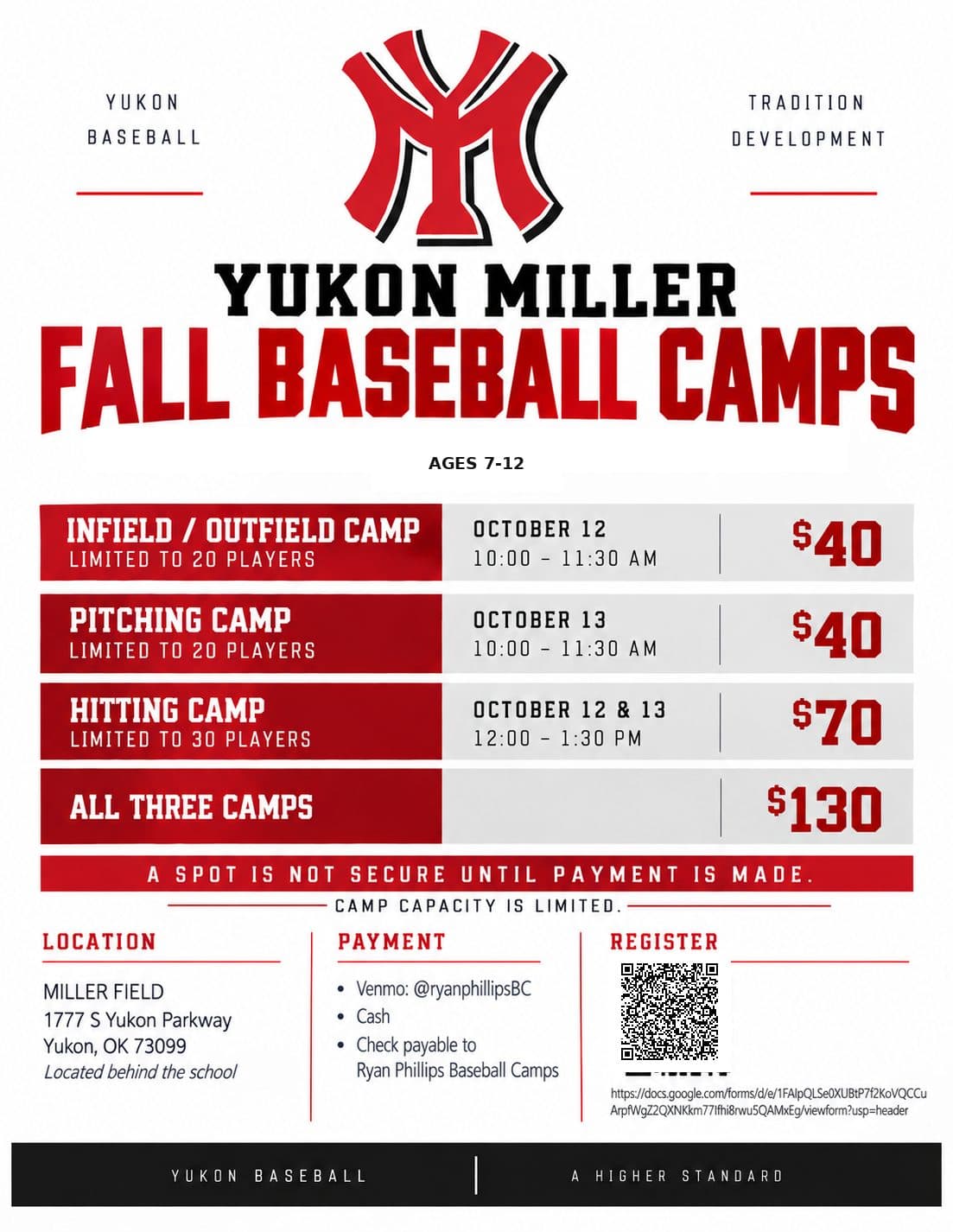 Yukon Miller Fall Baseball Camps flyer for ages 7–12, October 12–13 at Miller Field