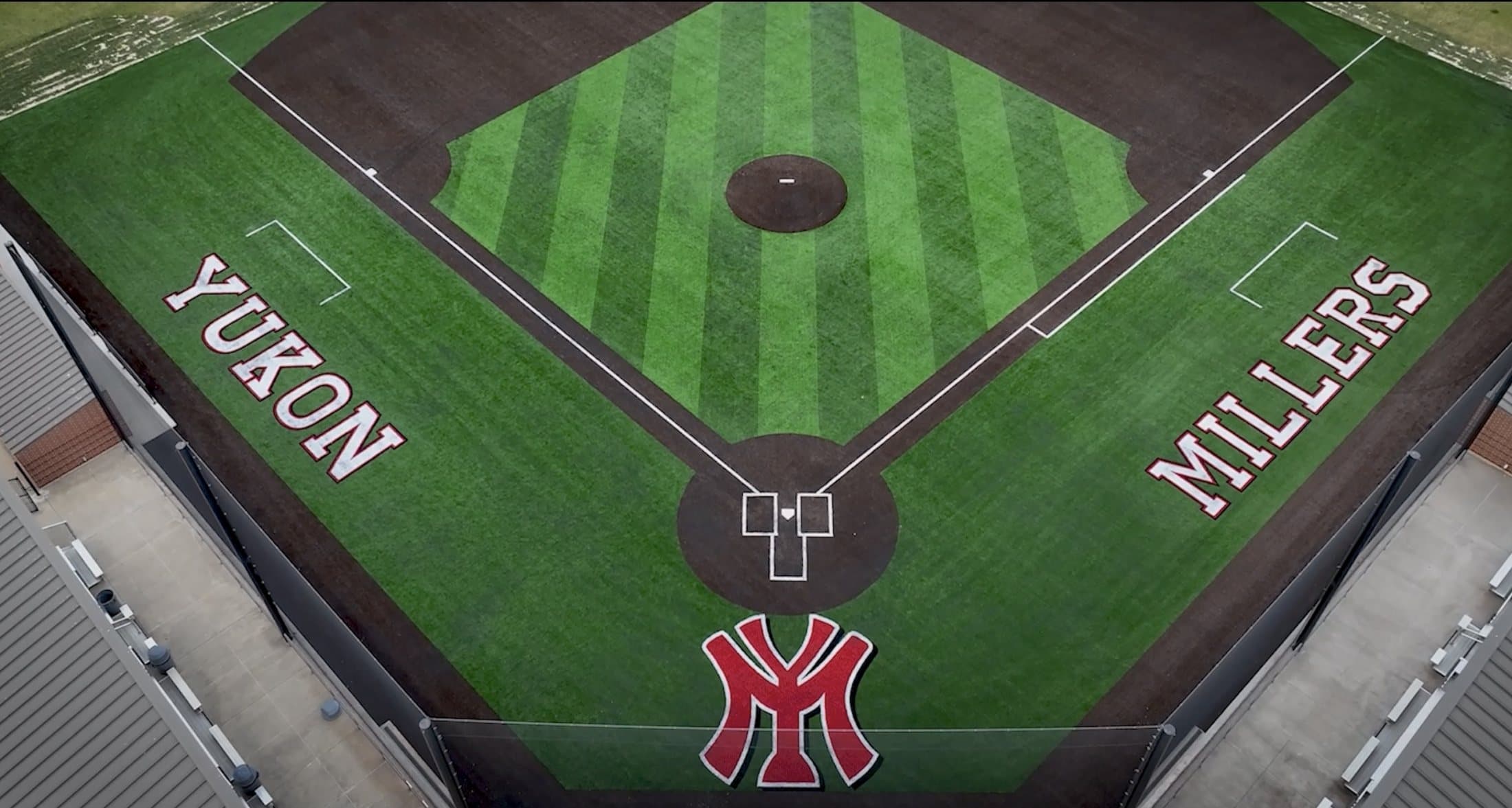 Aerial of Miller Field with Yukon and Millers in the turf and the YM mark behind home