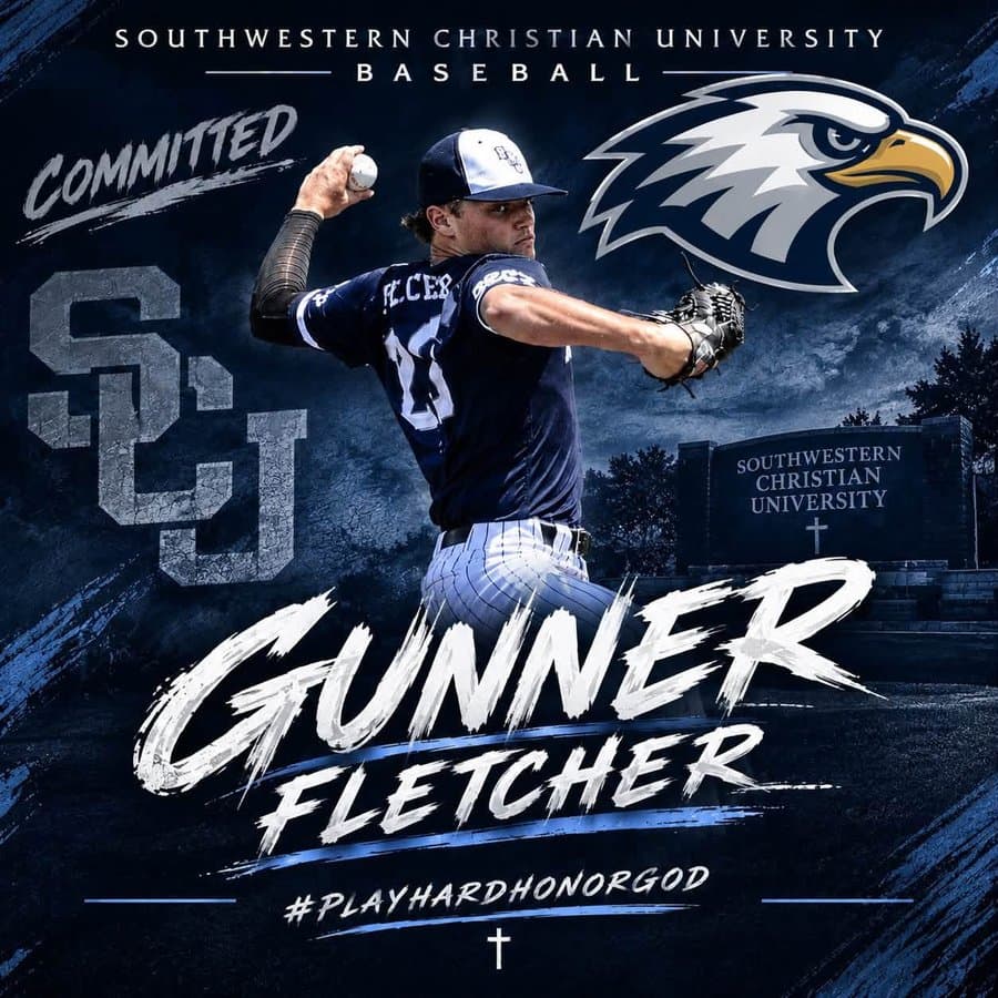 Gunner Fletcher commitment graphic for Southwestern Christian University baseball