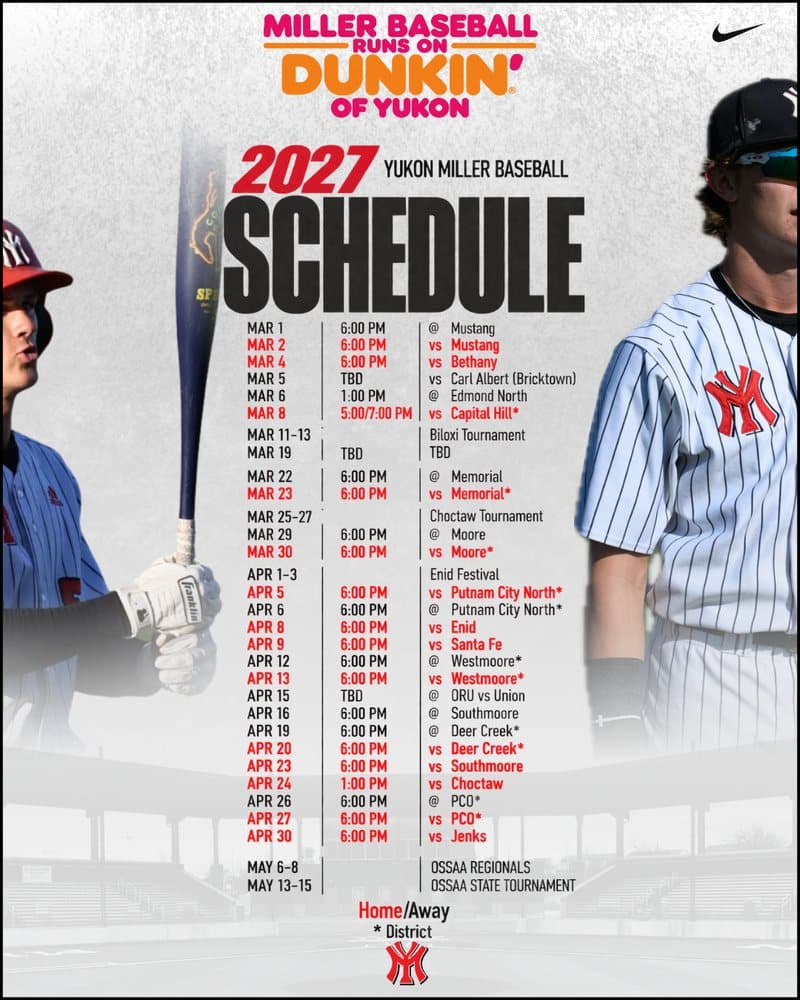 2027 Yukon Miller Baseball schedule graphic presented by Dunkin' of Yukon